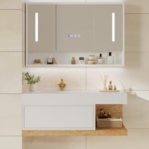 Modern 39" bathroom vanity with sink featuring a durable sintered stone countertop.