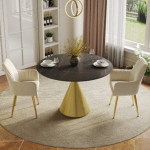 Sleek round dining table set featuring a glossy gold cone pedestal base for elegance.