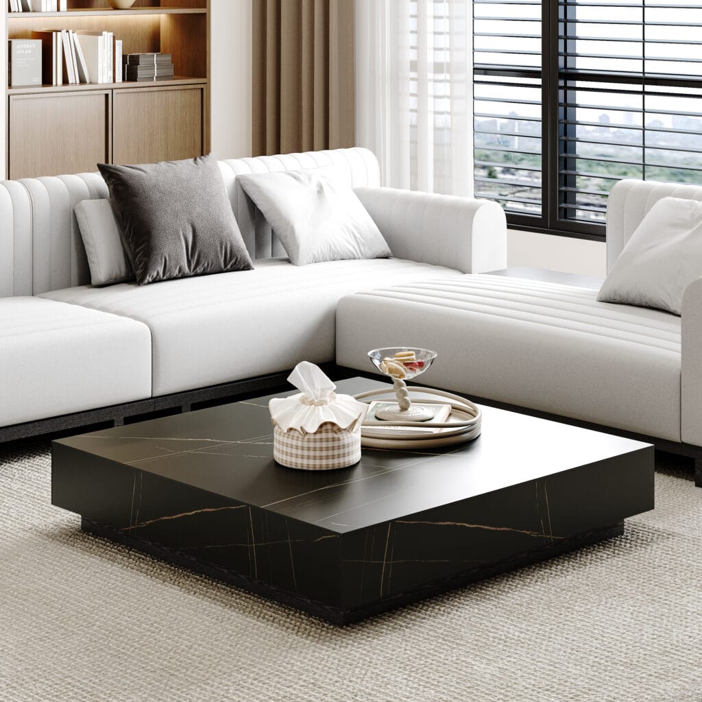 Living Room Furniture 28 Sleek minimalist sintered stone coffee table with built-in drawers for discreet storage.