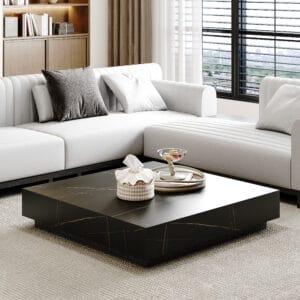 Sleek minimalist sintered stone coffee table with built-in drawers for discreet storage.