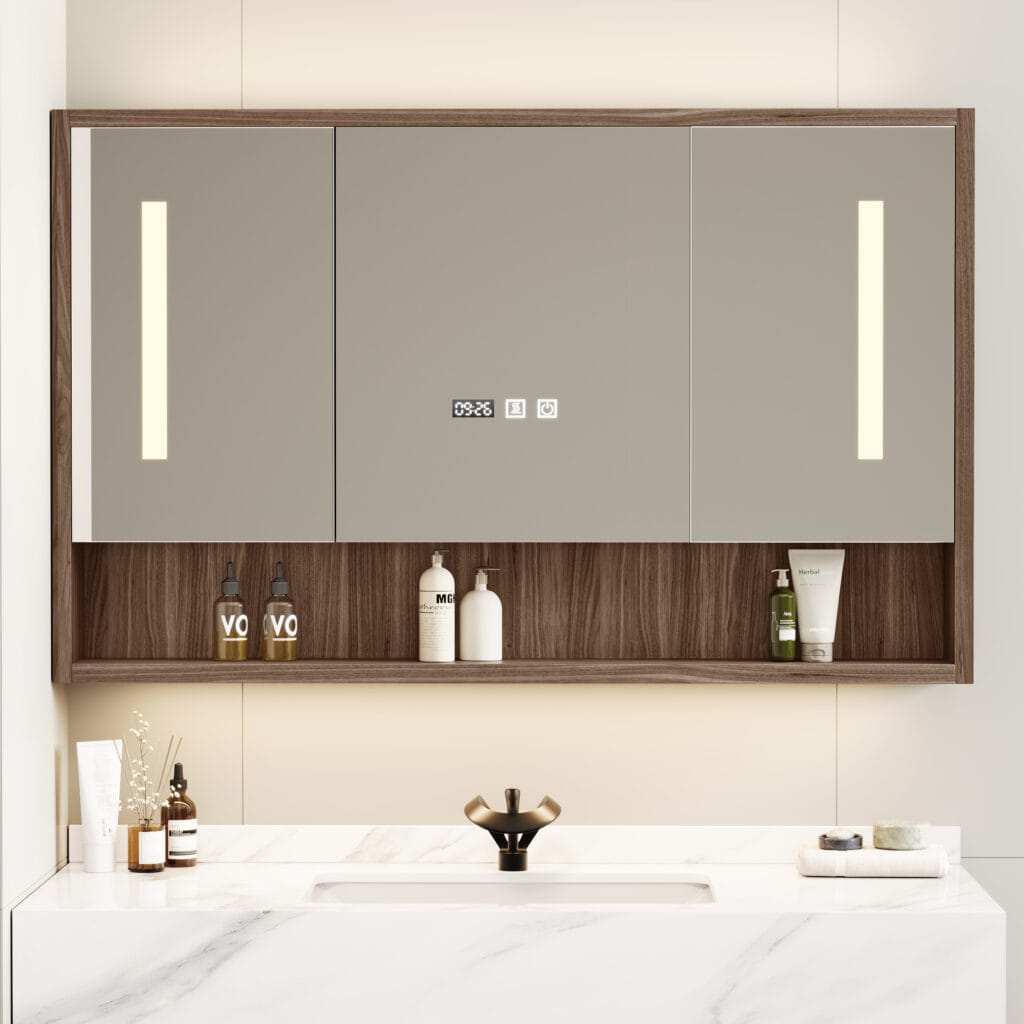 Sleek 39" Walnut LED Medicine Cabinet with three mirrored doors and integrated LED lighting.