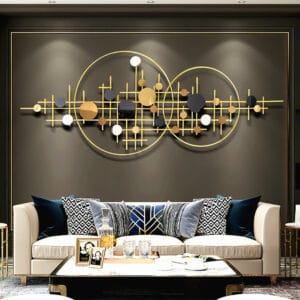 Luxurious gold round wall decor featuring a unique design with circles and sequins.