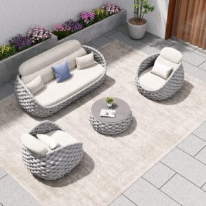 Stylish Cocaro outdoor sectional sofa set featuring aluminum frame and handwoven rope detailing.