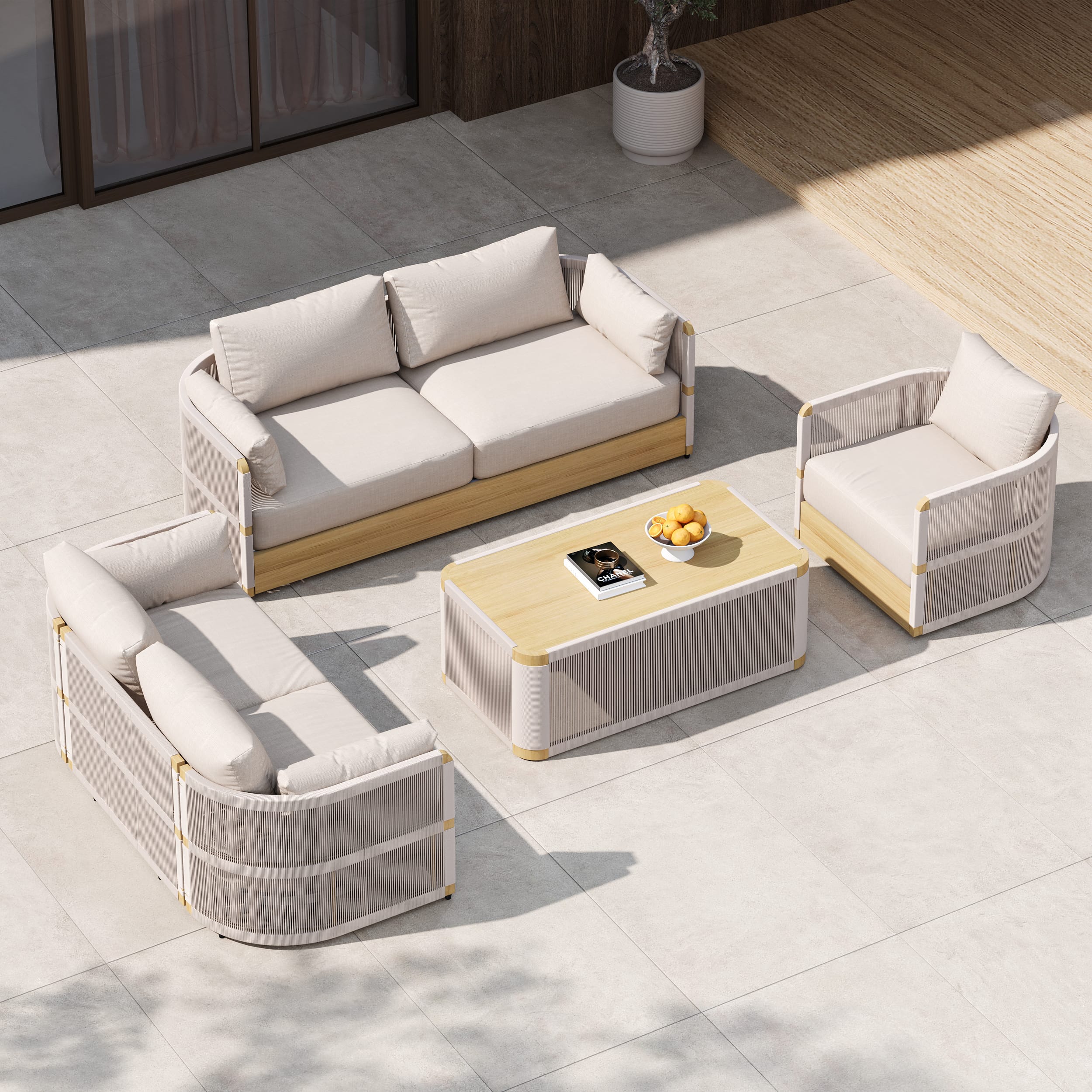 Comfortable Outdoor Swivel Sofa Set 1 Coastal outdoor swivel sofa set featuring a durable aluminum frame and deep cushions.