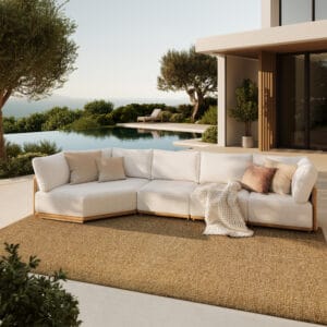 Sophisticated outdoor teak sectional sofa featuring a teak and aluminum frame with handwoven rope.