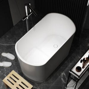 Sleek oval design of the modern freestanding soaking bathtub for ultimate comfort and relaxation.