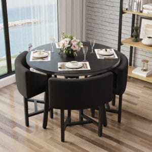Stylish modern round dining table set featuring a black MDF tabletop and upholstered chairs.