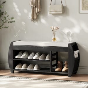 Stylish entryway solid wood shoe storage bench with a cushioned top and hidden compartment.