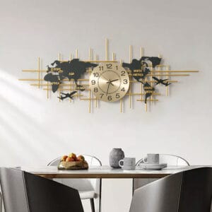 Modern map wall clock decor made of premium metal, featuring silent quartz movement.