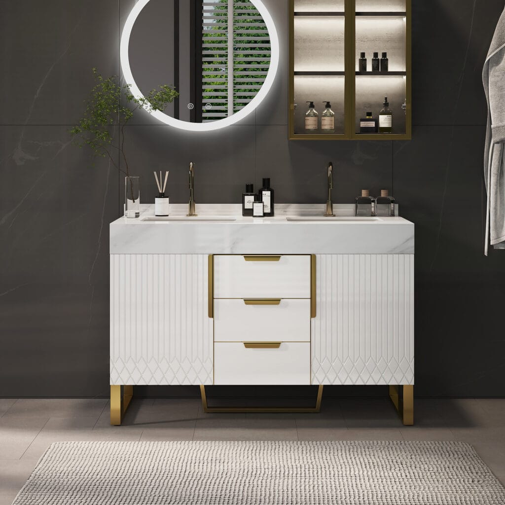 Aro white bathroom vanity with double sink featuring a sintered stone countertop and ceramic undermount sinks.