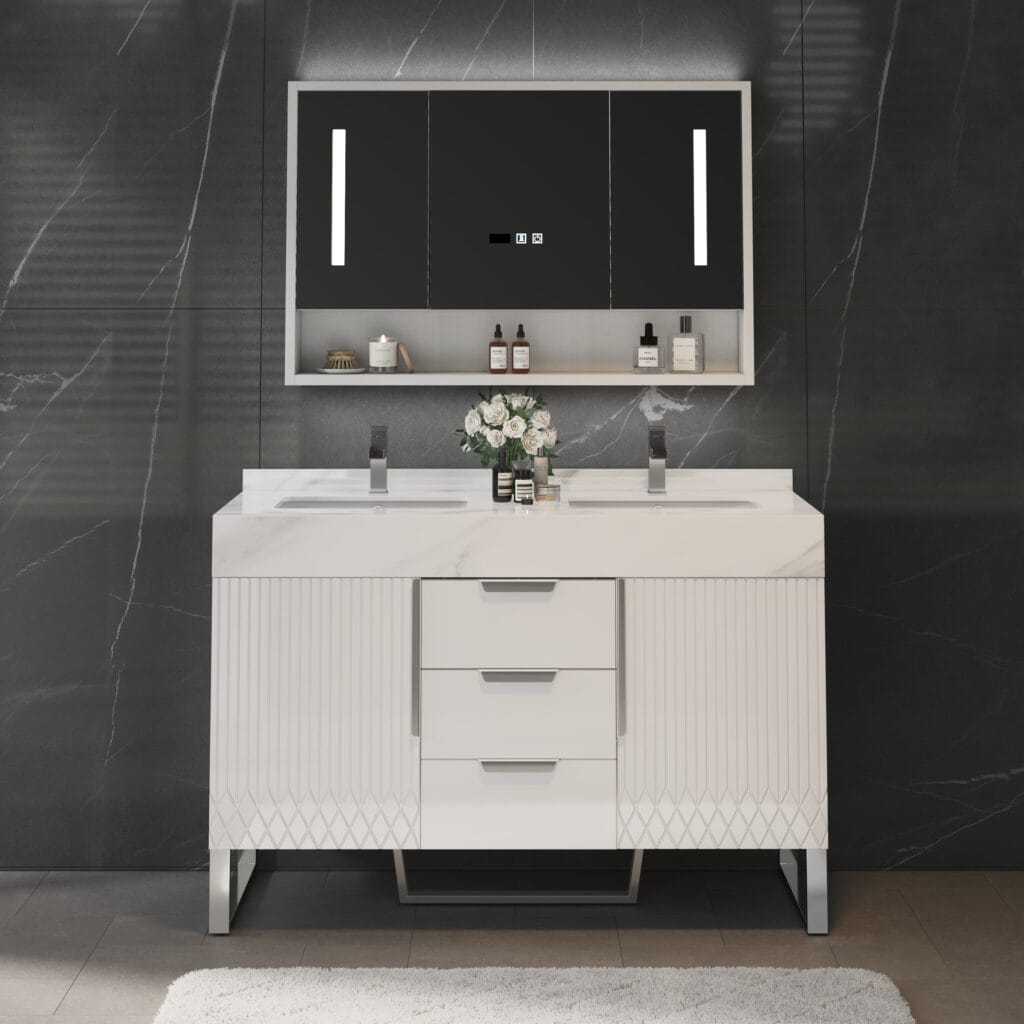 Modern bathroom vanity featuring a sintered stone countertop and a ceramic undermount sink, perfect as a Bathroom Vanity White Double Sink.