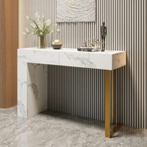 Stylish marble-effect console table with drawers, perfect for entryways or living spaces.
