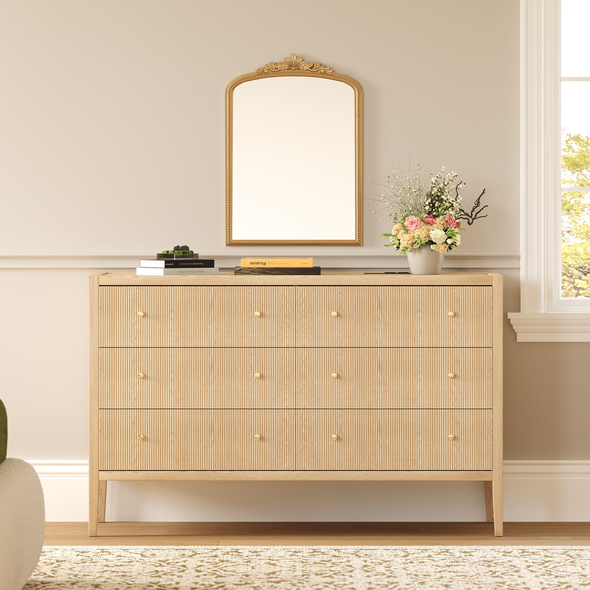 Natural 6 Drawer Dresser With Charging Station 1 Stylish Stria 47" fluted 6 drawer dresser with charging station in a modern living room.