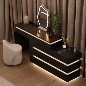Lumio makeup vanity with mirror and lights features a flexible L-shape design and LED illumination.
