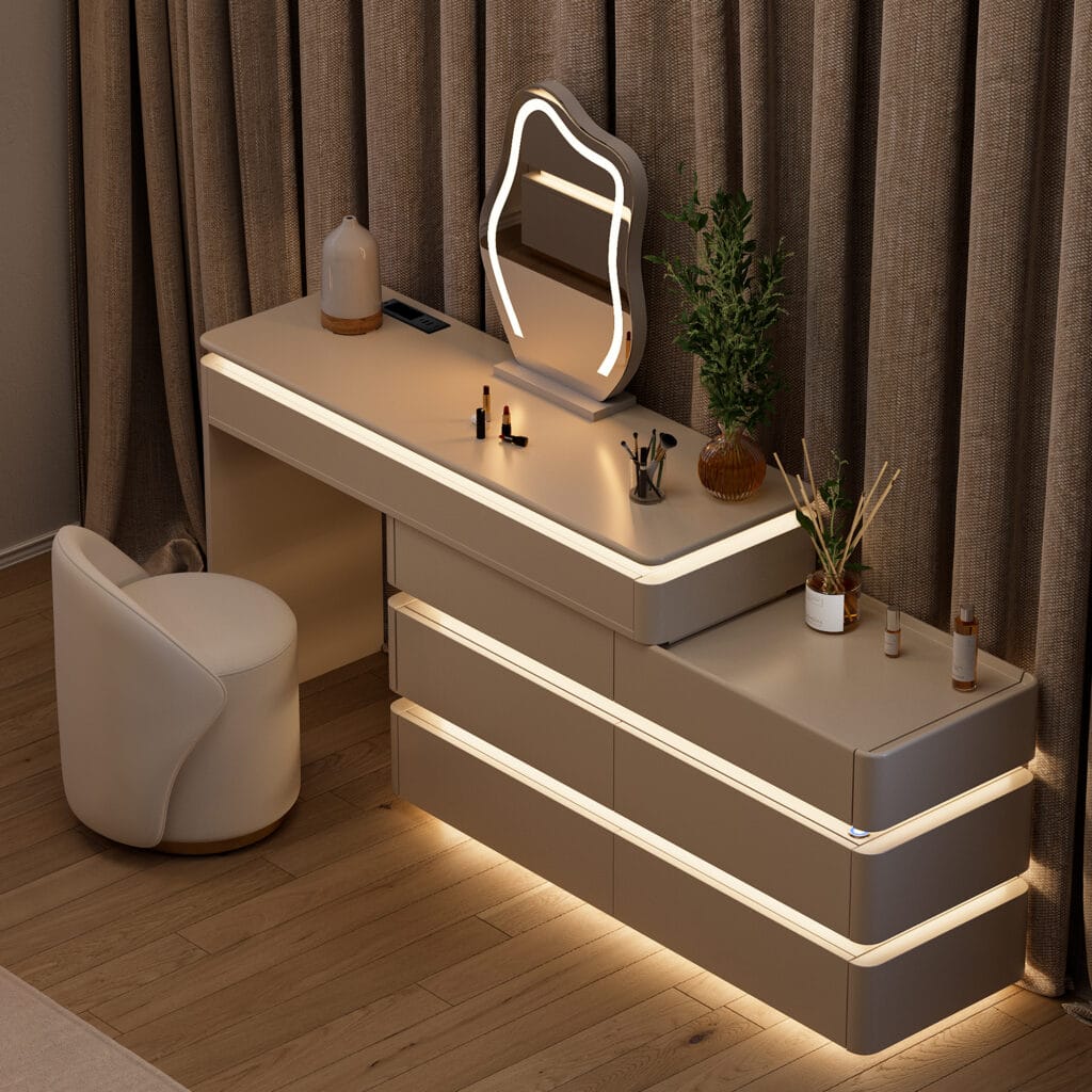 Lumio smart makeup vanity table with retractable L-shape design and soft LED mirror.