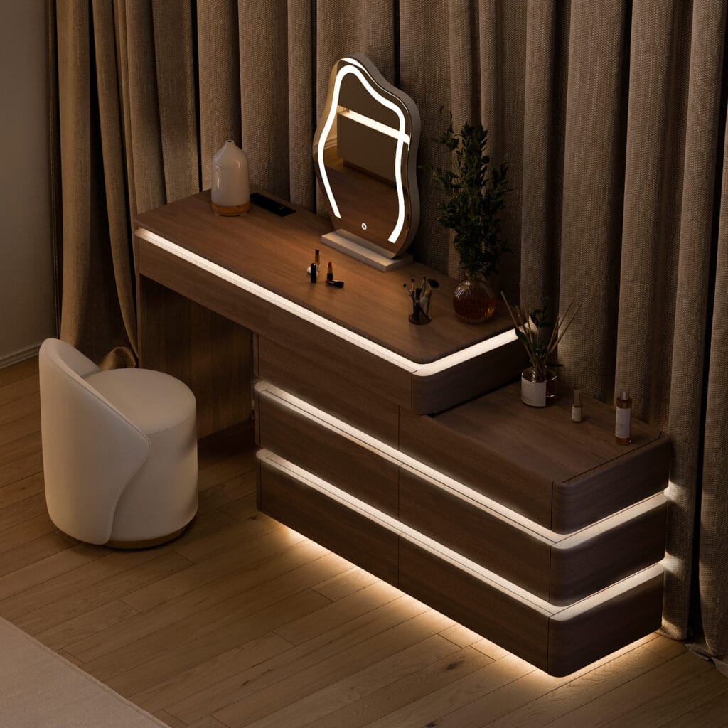 Lumio smart makeup vanity table featuring a retractable L-shape design and soft LED mirror.