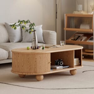 Stylish oval solid wood coffee table with tambour doors and spacious interior compartments.