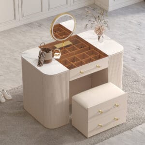 A modern dresser vanity featuring a tempered glass closet island with jewelry storage and a mirror.