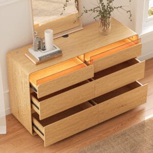 Elegant 6-drawer modern wooden dresser with charging offers stylish storage and organization.