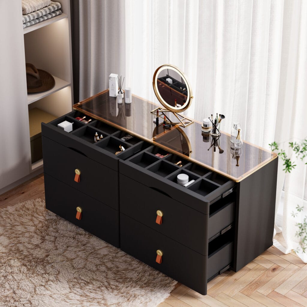 Stylish modern glass black dresser featuring divided drawers for jewelry and six spacious drawers.