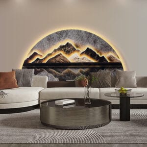 Serene semi-circular LED mountain wall art featuring layered peaks and a calming glow.