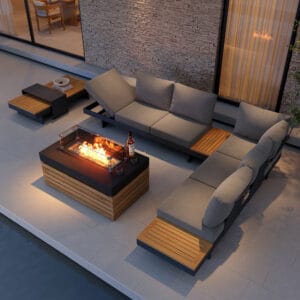 Modular fire pit sofa set featuring plush cushions and a propane-powered smokeless fire pit.
