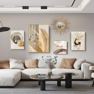 Elegant 5-piece wall art set modern decor featuring golden feathers and a sunburst mirror.