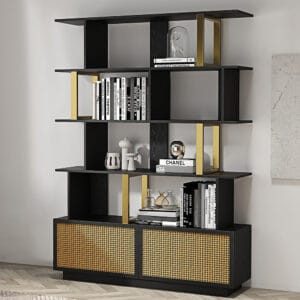 Tall and compact modern black wood bookshelf featuring stylish cubbies and ample storage space.