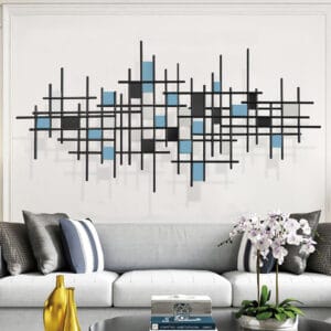 This iron art piece showcases modern luxury wall decor with golden metal lines and geometric patterns.