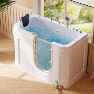 Walk in whirlpool bathtub designed for seniors featuring hydrotherapy massage bathtub for pain relief.