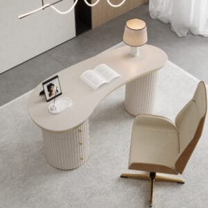 Sophisticated modern curved office desk with fluted double pedestal bases and three storage drawers.