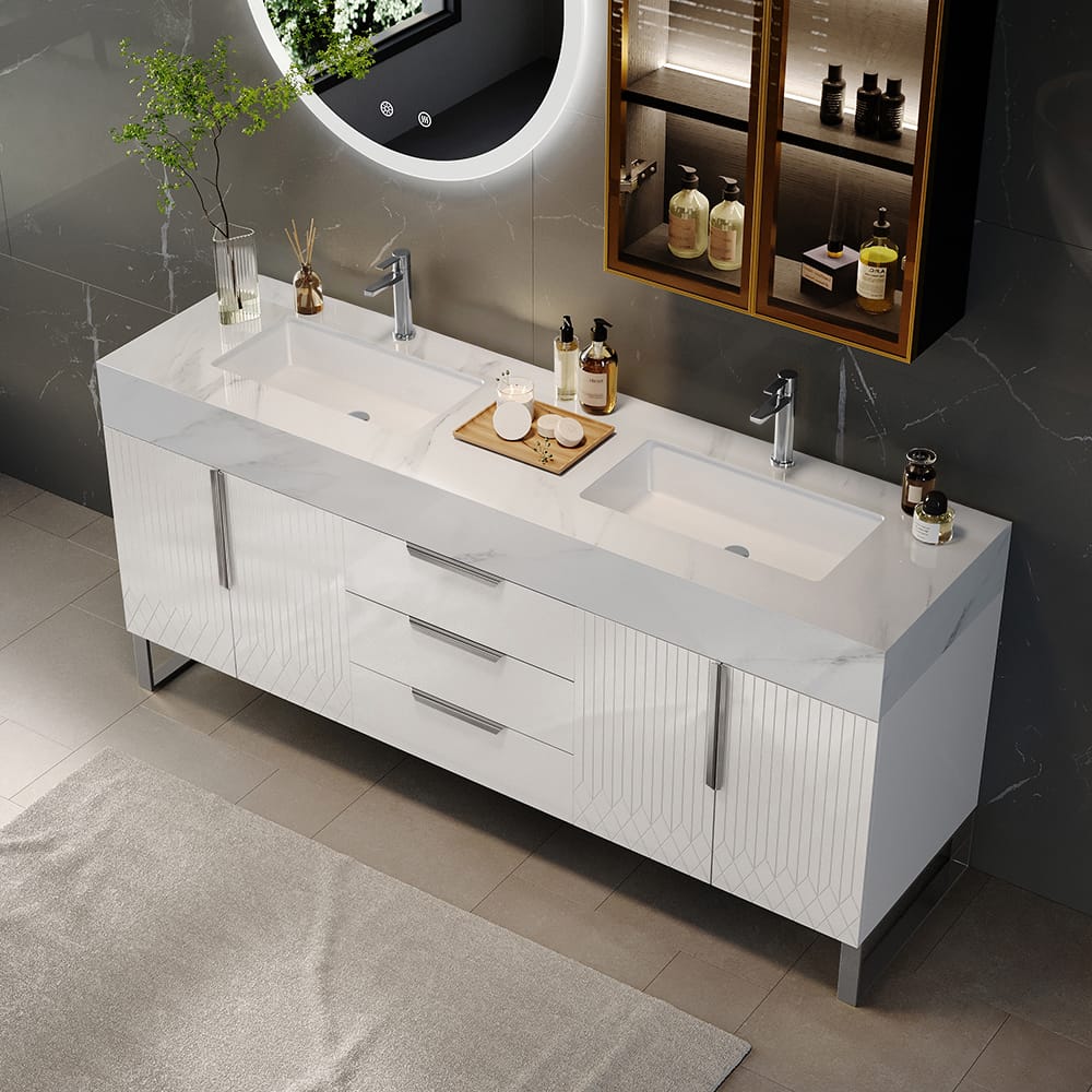 The Sicotas Collection 64 Modern Aro 59 inch bathroom vanity white featuring a sintered stone countertop and ceramic sink.