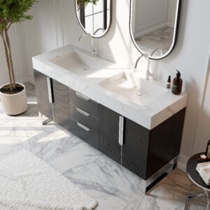 Modern black bathroom vanity with double sink featuring a sintered stone countertop and ceramic undermount sinks.
