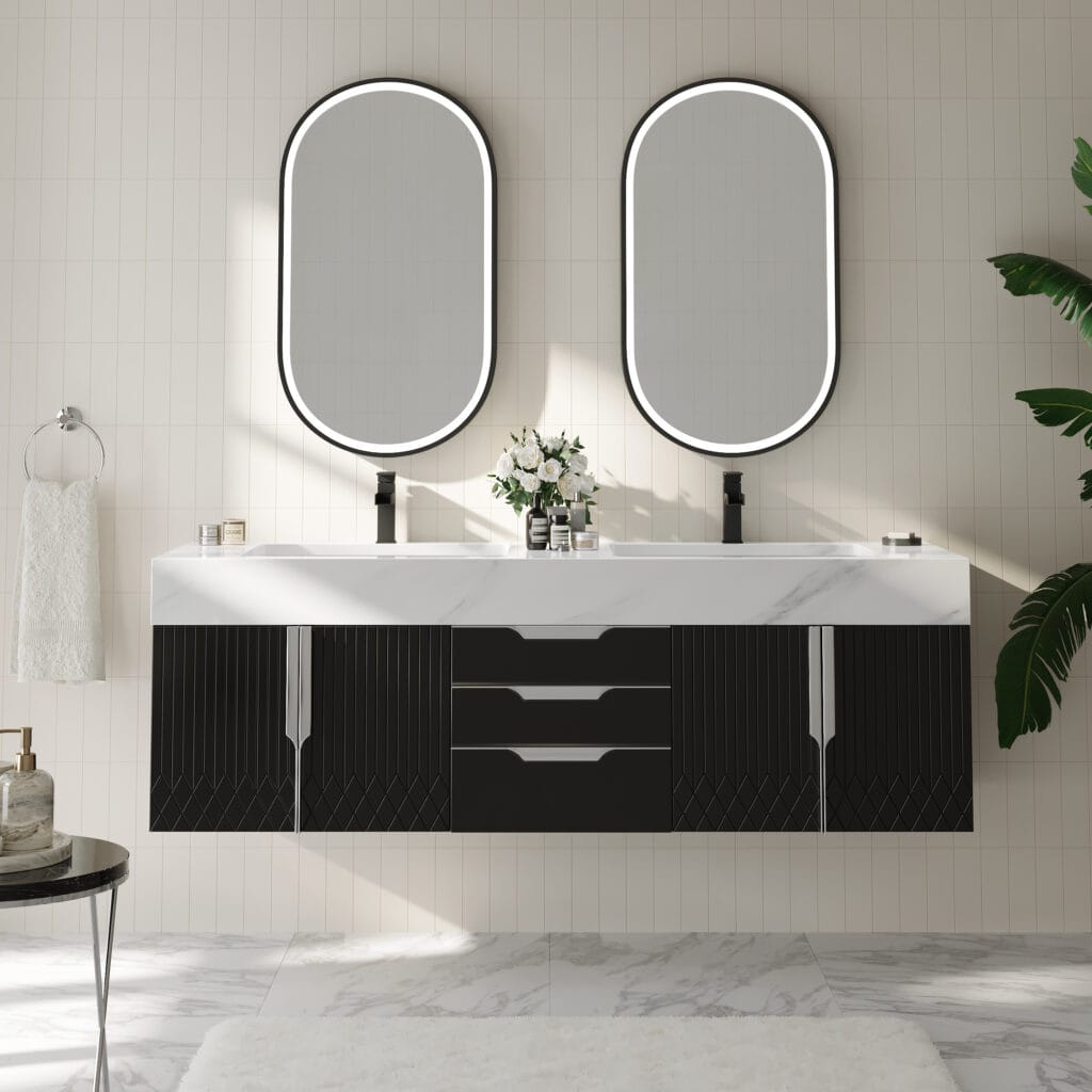 Modern floating bathroom vanity double sink featuring a sintered stone countertop and ceramic undermount sink.