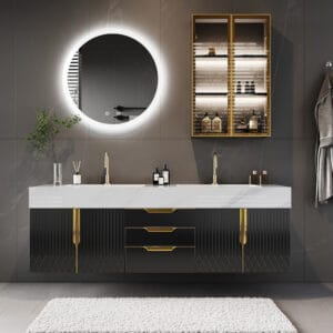 Modern floating black bathroom vanity double sink with sintered stone countertop and undermount sink.