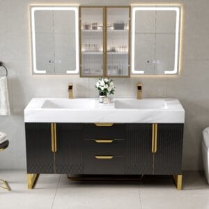 Luxurious 59-inch double sink bathroom vanity set with modern LED medicine cabinet.