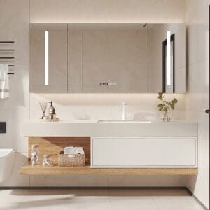 Stylish 59" floating bathroom vanity set with a sleek sintered stone top and ceramic sink.