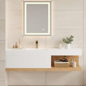 Stylish 59" floating bathroom vanity set with seamless ceramic sink and durable stone top.