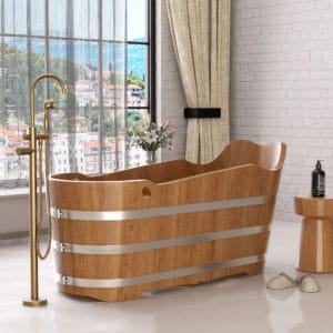 Elegant natural oak soaking bathtub with a smooth finish and oval shape for bathrooms.