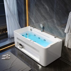 Upgrade your bathroom with a luxurious 59" whirlpool bathtub jetted featuring 8 massage jets.