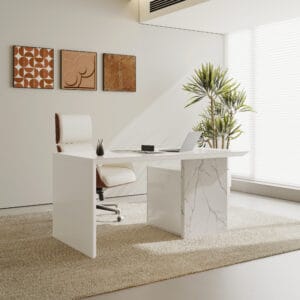 Sleek Walnut & Black modern office desk and chair set with luxurious Marble Veneer finish.