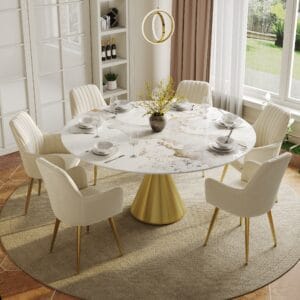 Stylish round glossy dining table with a sintered stone surface, perfect for gatherings.