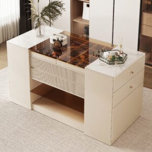 Boutique-inspired walk-in closet island featuring a modern off white dresser with jewelry storage.