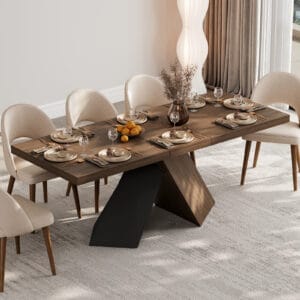 Farmhouse walnut extendable dining table with a wood-look top and metal base.