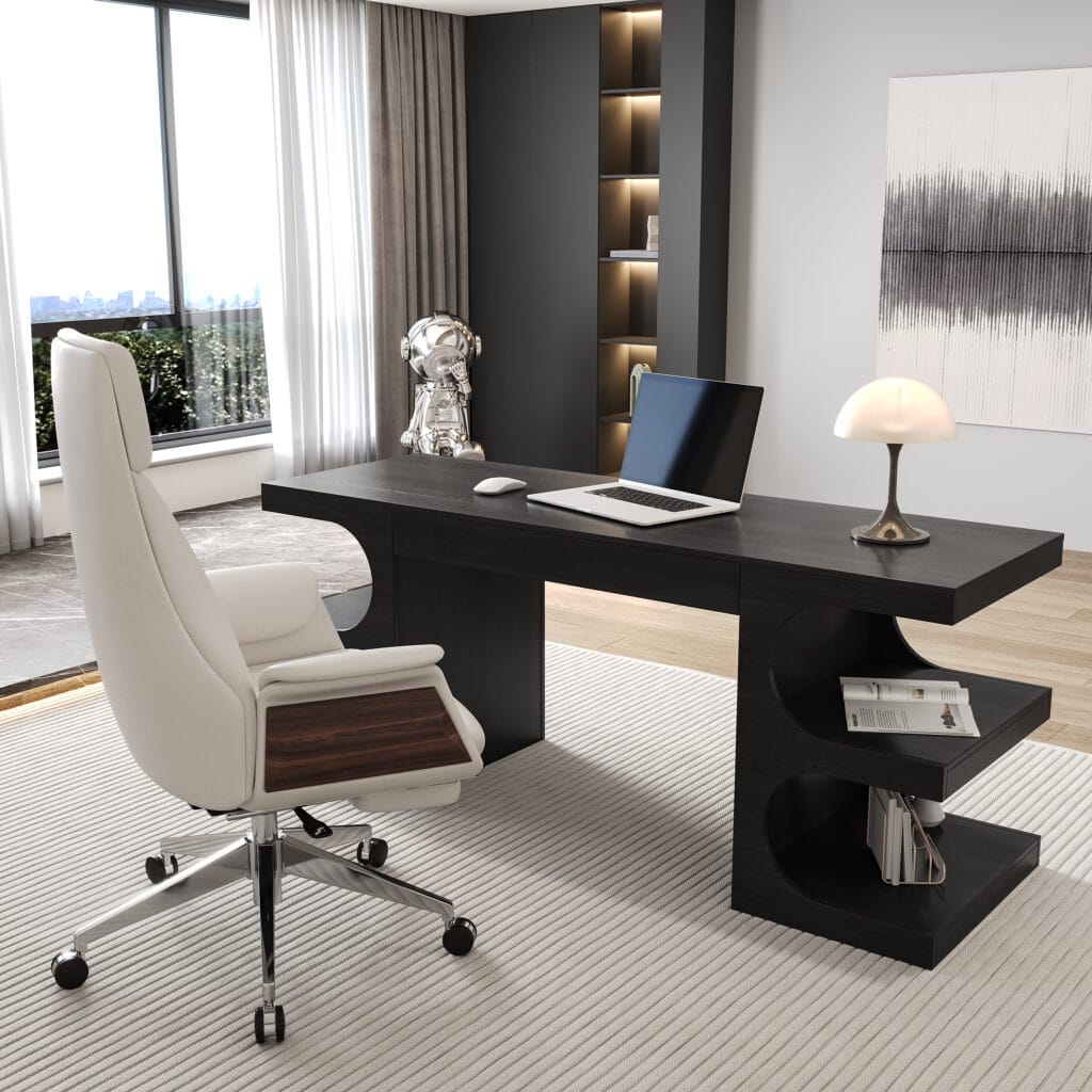 The Sicotas Collection 73 Stylish black wooden writing desk white leather chair set featuring ergonomic lift-top design.