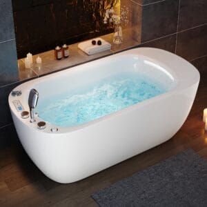 Ergonomic freestanding whirlpool bathtub jetted massage with 11 hydro massage jets and LED-lit waterfall.