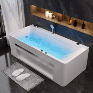 Relaxing rectangular LED massage bathtub featuring eight jets and Chromatherapy lighting, a large jetted bathtub.