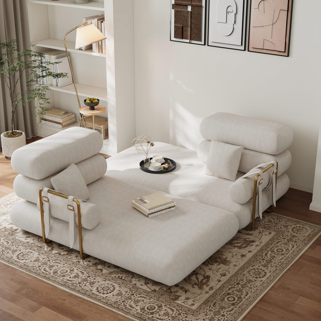 Modular sleeper sofa transforming into a cozy white velvet queen size futon.