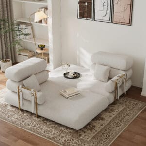 Modular sleeper sofa transforming into a cozy white velvet queen size futon.