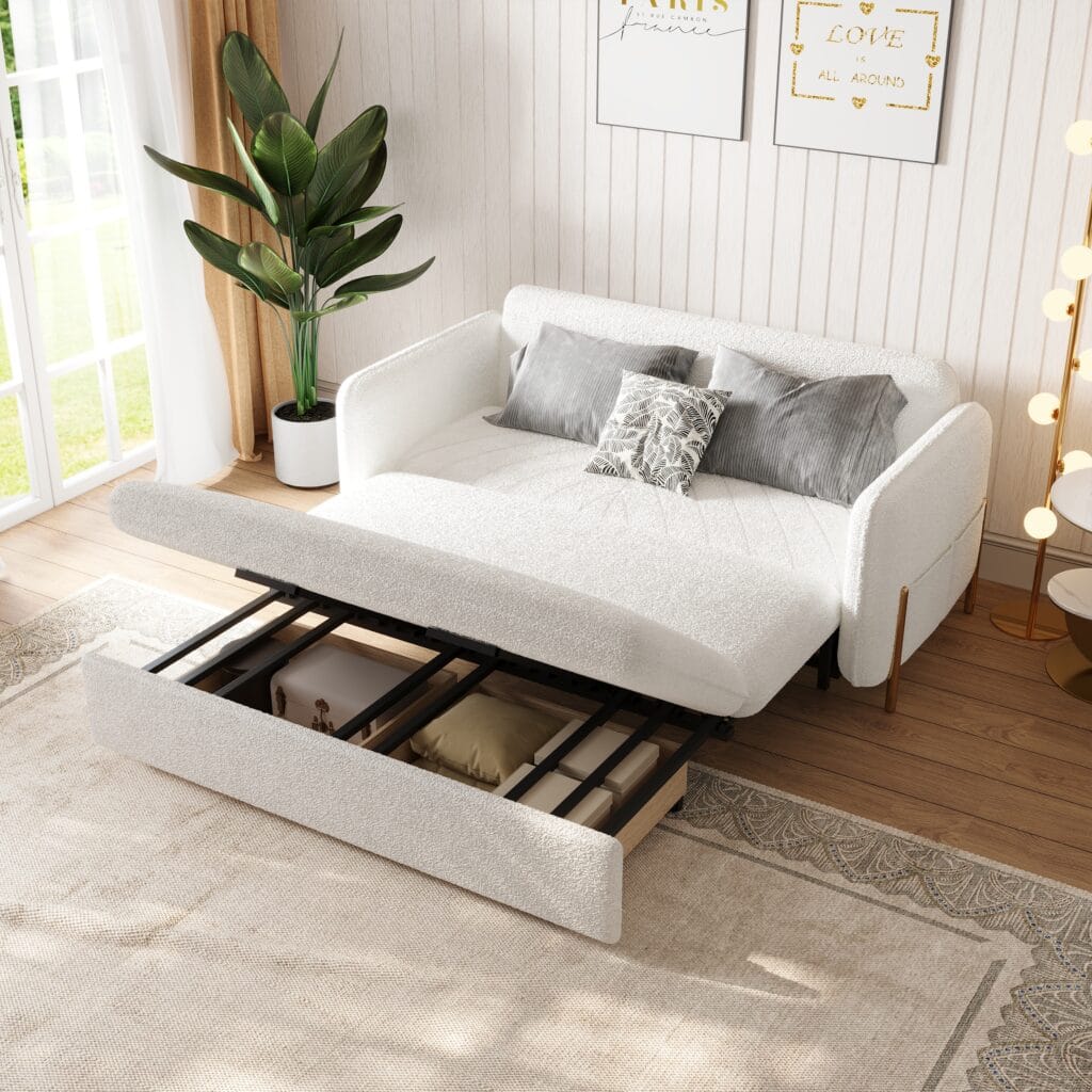 Living Room Furniture 7 Compact convertible sleeper sofa with high-density foam and convenient side storage pockets.